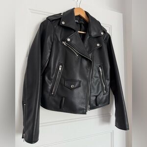 Zara - Black Faux-Leather Moto Jacket with Asymmetrical Zipper